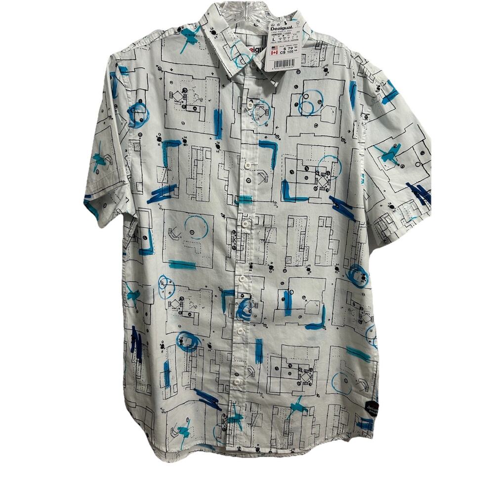 Desigual Men’s White Art Architecture Designer Button Down Shirt Large $80 NWT
